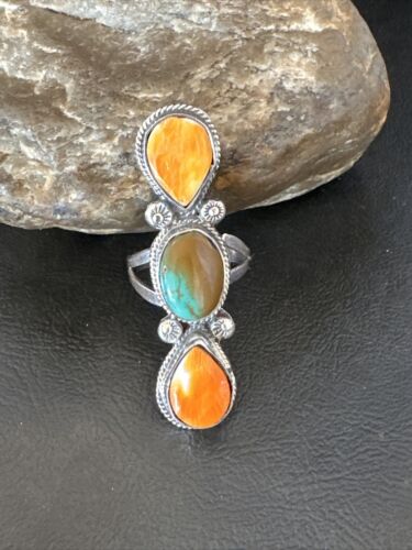Navajo Green Turquoise Spiny Oyster Multi-Stone Ring | Authentic Native American Sterling Silver | Sz 11 | 16728