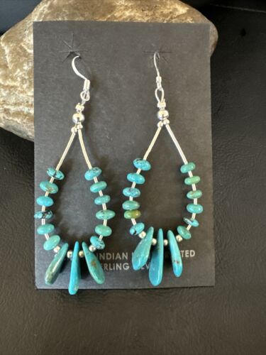 Navajo Blue Cluster Turquoise Bead Earrings | 6mm | Sterling Silver | 2" | Authentic Native American Handmade | 15845
