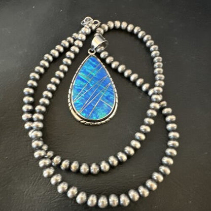 Men's and Women's Blue Fire Opal Inlay Pendant | Navajo Sterling Silver | Authentic Native American Handmade | 16481