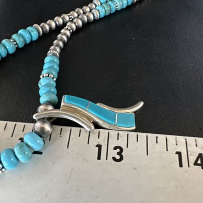 Navajo Blue Turquoise Pendant Necklace | Sterling Silver with Pearls | Authentic Native American Handmade | 15376