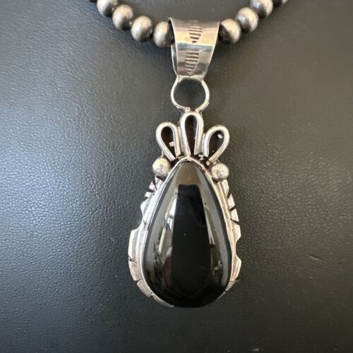Men's Navajo Pearls Black Onyx Necklace Pendant | Sterling Silver | Authentic Native American Handmade | 16530