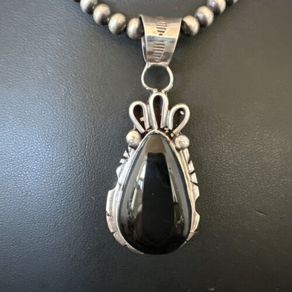 Men's Navajo Pearls Black Onyx Necklace Pendant | Sterling Silver | Authentic Native American Handmade | 16530