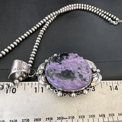 Navajo Purple Charoite Pendant with Pearls | Sterling Silver Necklace | Authentic Native American Handmade | 17154