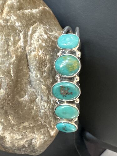 Women's Blue Turquoise 5-Stone Cuff Bracelet | Navajo Sterling Silver | Authentic Native American Jewelry | 16278