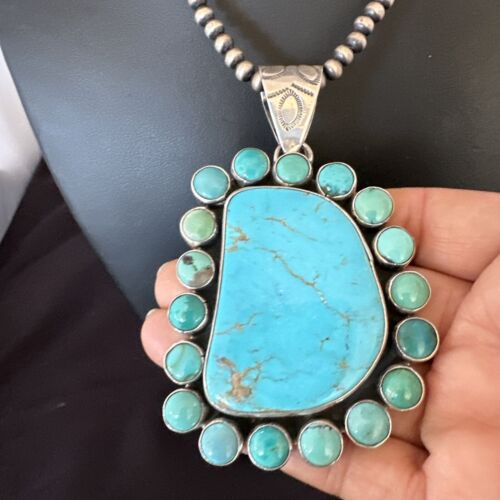 Navajo XL Blue Kingman Turquoise Cluster Pendant Necklace | Sterling Silver | Native American Handmade | 16796
