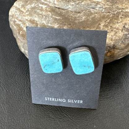Navajo Blue Kingman Turquoise Post Stud Earrings | Sterling Silver | Authentic Native American Handmade | 17469
