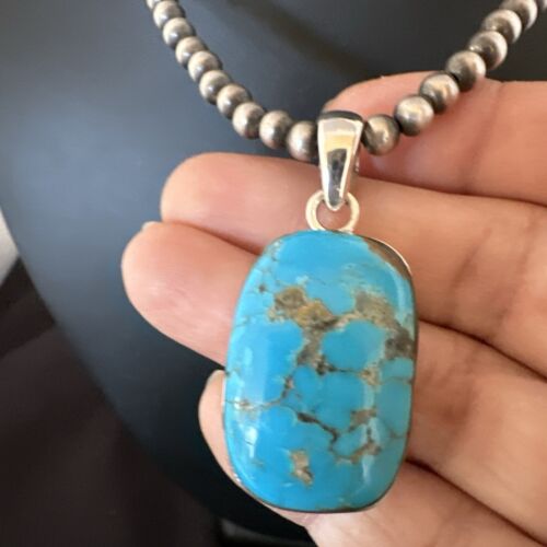 Navajo Blue Kingman Turquoise Pendant Necklace | Sterling Silver | 20" | Authentic Native American Handmade | 16997