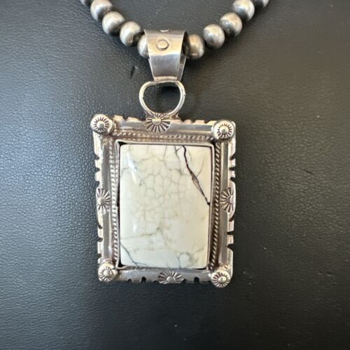 White Buffalo Turquoise Pendant | Navajo Pearls Sterling Silver Necklace | Authentic Native American Handmade | 17102