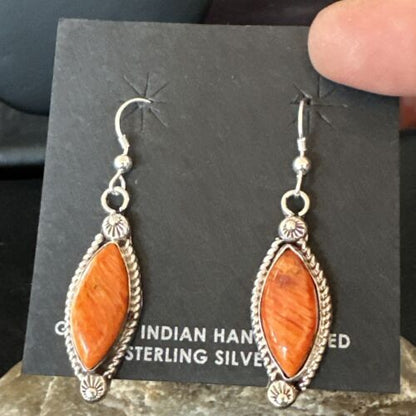 Navajo Orange Spiny Oyster Dangle Earrings | Sterling Silver | Authentic Native American Handmade | 17276