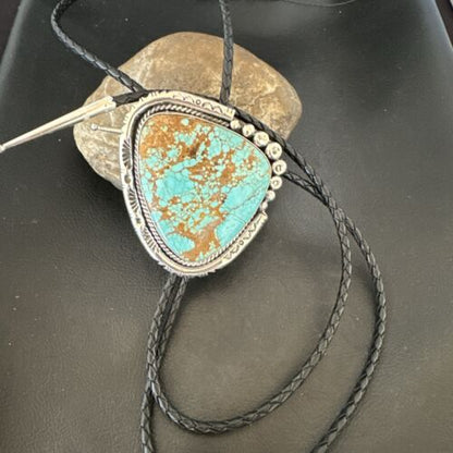 XL Men's Blue Turquoise #8 Bolo Tie | Navajo Sterling Silver | Authentic Native American Handmade | 17005