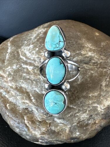Navajo Blue Dry Creek Turquoise Cluster Ring | Authentic Native American Sterling Silver | Multi-Stone | Sz 8 | 17840