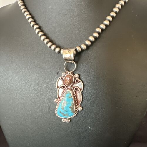 Navajo Blue Kingman Turquoise Wild Horse Pendant Necklace | Sterling Silver | Authentic Native American Handmade | 17224