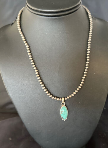 Navajo Pearls Kingman Turquoise Pendant Necklace | Sterling Silver | Authentic Native American Handmade | 14896