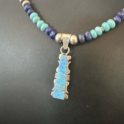 Navajo Opal Inlay Pendant Turquoise & Lapis | Sterling Silver Necklace | Native American Handmade | 16847