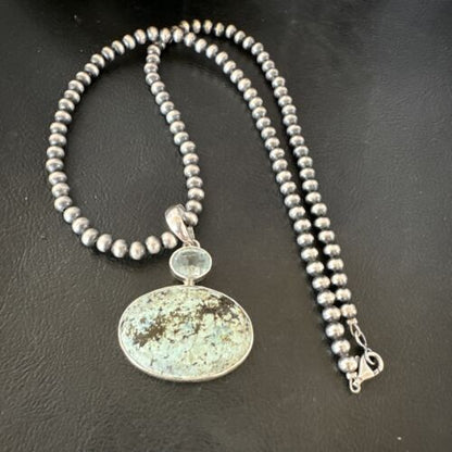 Navajo Dry Creek Turquoise Topaz Pendant Necklace | Sterling Silver | Authentic Native American Handmade | 16313
