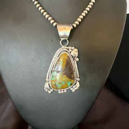 Men's Navajo Green Turquoise Pendant Necklace | Sterling Silver | Authentic Native American Handmade | 17531