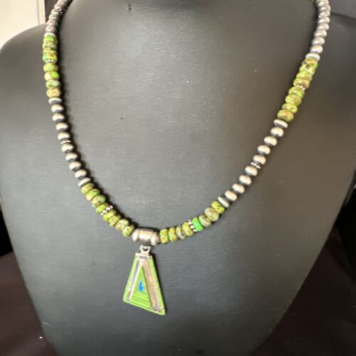 Navajo Green Gaspeite Turquoise Pendant Necklace | Sterling Silver | Native American Handmade | 15426