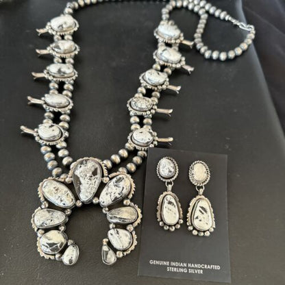 Navajo White Buffalo Turquoise Pendant | Sterling Silver Naja Squash Blossom Necklace | 17442