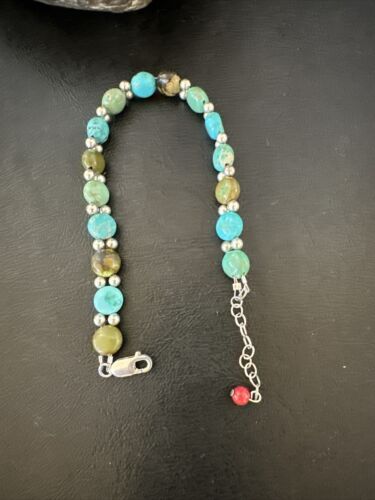 Women's Blue Turquoise Bead Bracelet | Southwestern Sterling Silver Link | 8" | 17237