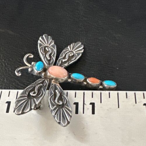 Navajo Dragonfly Pin Pendant | Blue Turquoise & Coral | Sterling Silver | Authentic Native American Handmade | 15236