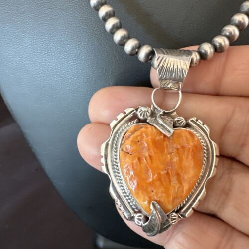Navajo Orange Spiny Oyster Heart Pendant Necklace | Sterling Silver | Authentic Native American Handmade | 16296