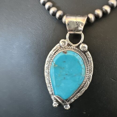 Navajo Blue Turquoise Pendant Necklace | Sterling Silver Pearls | Authentic Native American Handmade | 15645