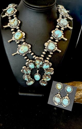 Navajo Blue Golden Hills Turquoise Squash Blossom Necklace & Earrings | Sterling Silver | 17211
