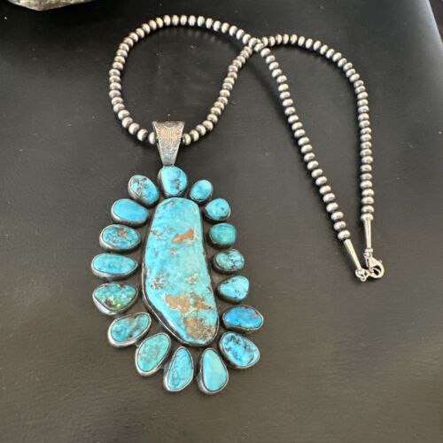 Navajo Blue Kingman Turquoise Cluster Pendant Necklace | Sterling Silver | Authentic Native American Handmade | 16794