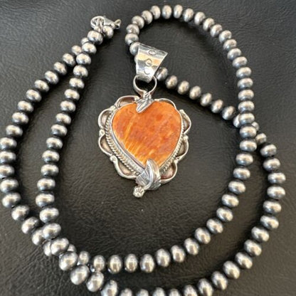 Navajo Orange Spiny Oyster Heart Pendant Necklace | Sterling Silver | Authentic Native American Handmade | 16298
