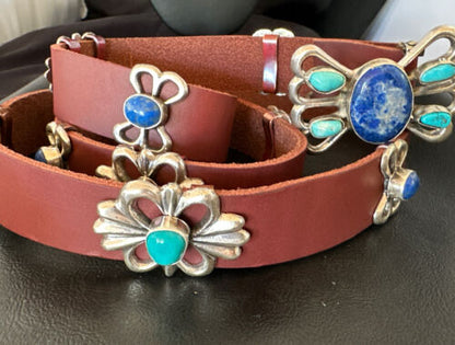 Men's Kingman Turquoise Lapis Concho Belt | Sterling Silver Navajo Tufa | Authentic Native American Handmade | 16682 - Masha USA