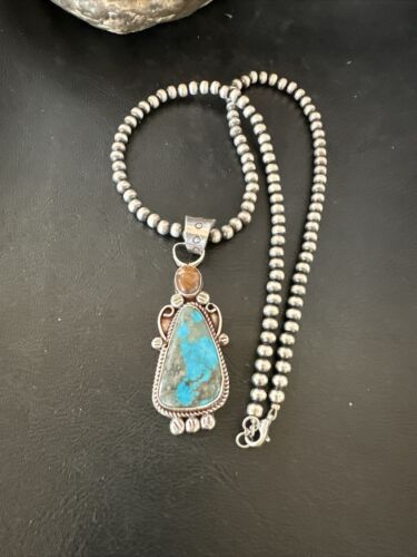 Navajo Blue Kingman Turquoise Wild Horse Pendant Necklace | Sterling Silver | Authentic Native American Handmade | 17222