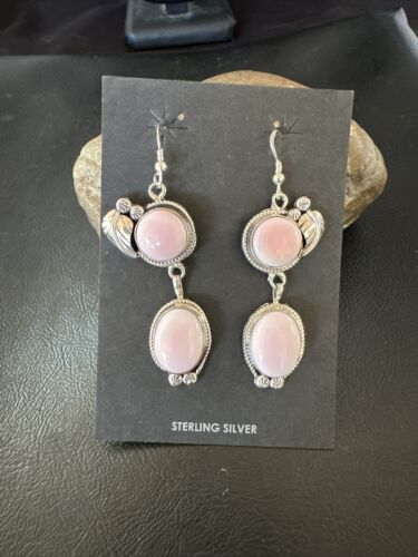 Navajo Pink Conch Shell Dangle Earrings | Sterling Silver | Authentic Native American Handmade | 17198
