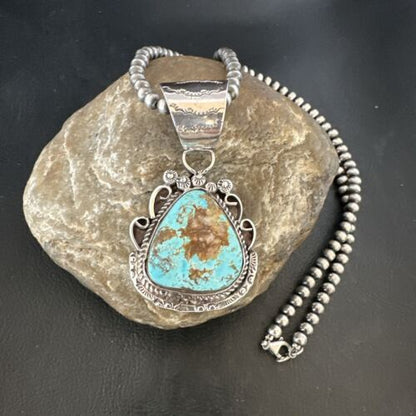 Navajo Royston Turquoise Pendant with Pearls | Sterling Silver Necklace | Authentic Native American Handmade | 17064