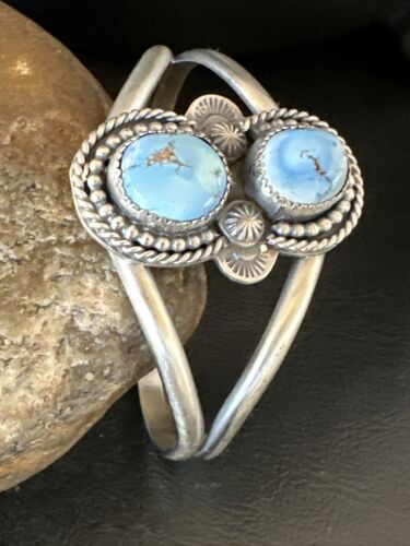 Navajo Blue Golden Hills Turquoise Cuff Bracelet | Sterling Silver | Authentic Native American Handmade | 16428 - Masha USA