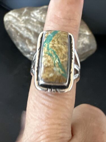 Navajo Ribbon Boulder Green Turquoise Ring | Sterling Silver | Sz 8 | Authentic Native American Handmade | 16385