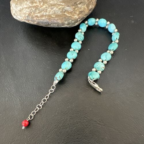 Women's Blue Turquoise Bead Bracelet | Southwestern Sterling Silver Link | 8" | 17233