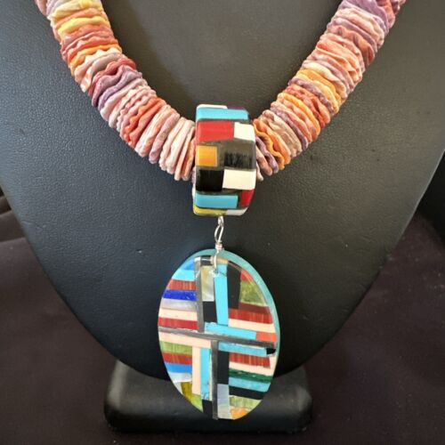 Santo Domingo Multi-Color Spiny Inlay Pendant Necklace | Sterling Silver | 32" | 16854