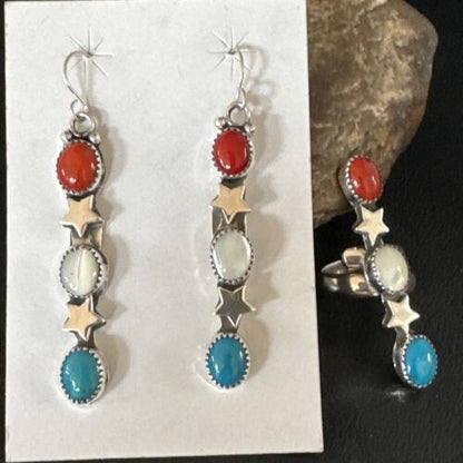 Navajo Coral Mother of Pearl Turquoise Earrings & Ring Set | Sterling Silver | Sz 7 | Authentic Native American Handmade | 15326