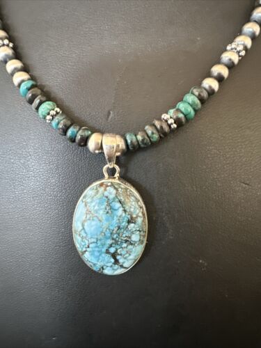 Men's Spiderweb Turquoise Pendant | Navajo Pearls Sterling Silver Necklace | Authentic Native American Handmade | 17301