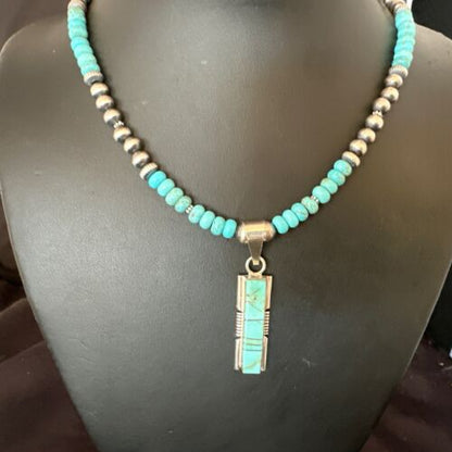Navajo Turquoise #8 Inlay Pendant Necklace | Sterling Silver | Authentic Native American Handmade | 17055