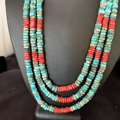 Women's Turquoise Spiny Oyster 3-Strand Necklace | Navajo Pearl Sterling Silver | 15157