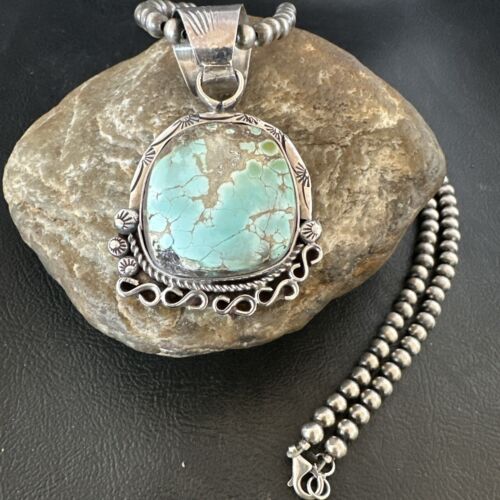 Women's Royston Turquoise Pendant Necklace | Navajo Pearls | Sterling Silver | Authentic Native American Handmade | 17065