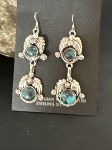 Navajo Blue Spiderweb Turquoise Dangle Earrings | Sterling Silver | Authentic Native American Handmade | 16012