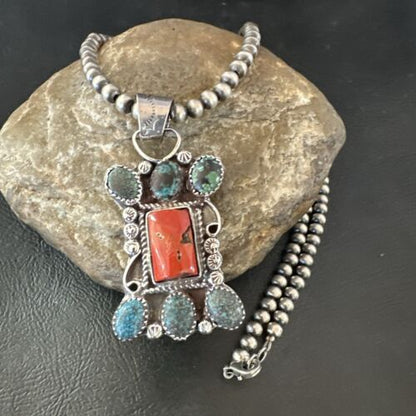 Navajo Turquoise Coral Cluster Pendant Necklace | Sterling Silver | Native American Handmade | 17185