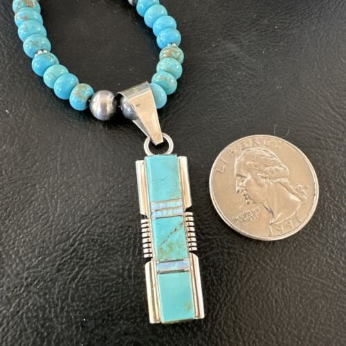 Turquoise #8 Inlay Pendant Necklace | Navajo Sterling Silver | Authentic Native American Handmade | 17073