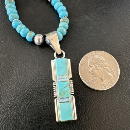 Turquoise #8 Inlay Pendant Necklace | Navajo Sterling Silver | Authentic Native American Handmade | 17073