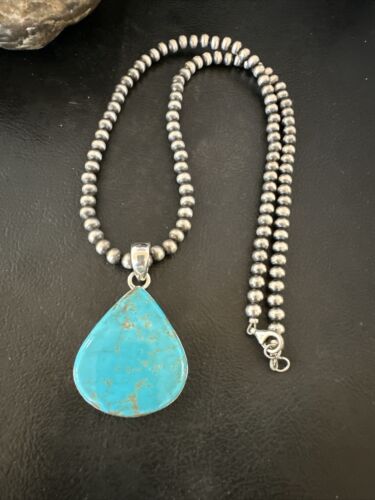 Navajo Blue Kingman Turquoise Pendant Necklace | Sterling Silver | 20" | Authentic Native American Handmade | 17001