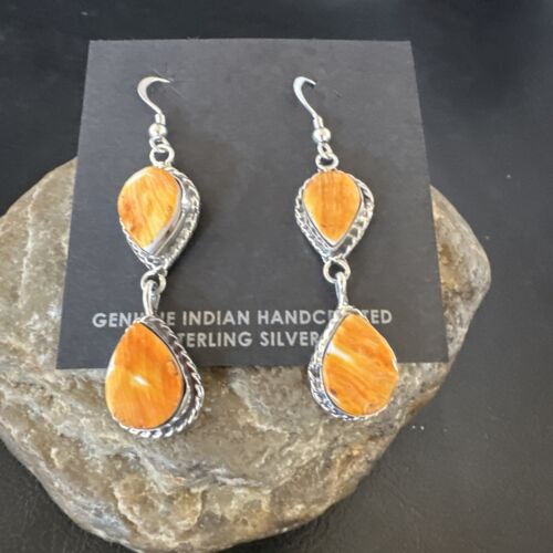 Navajo Orange Spiny Oyster Dangle Earrings | Sterling Silver | 1.5" | Authentic Native American Handmade | 16563