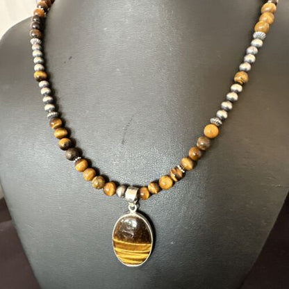 Southwestern Coffee Brown Tiger's Eye Pendant Necklace | Sterling Silver | Native American Handmade | 15867