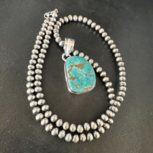 Navajo Blue Spiderweb Turquoise Pendant Necklace | Sterling Silver | Native American Handmade | 15572
